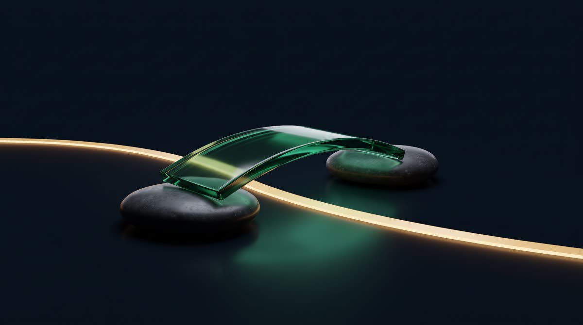 A single emerald glass bridge joining two smooth dark stones across a thin stream of gold light on ink-navy, one stone slightly larger than the other, calm and precise premium minimal 3D, no text, no people