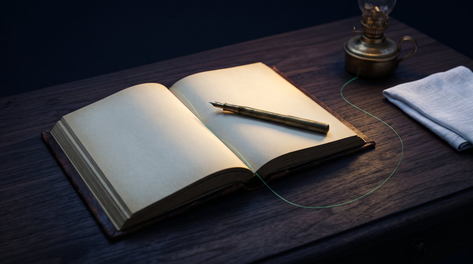 An open leather ledger with blank cream pages and a brass fountain pen on a dark walnut desk, a thin emerald thread of light running to a brass oil lamp and a folded white cloth in warm gold rim light