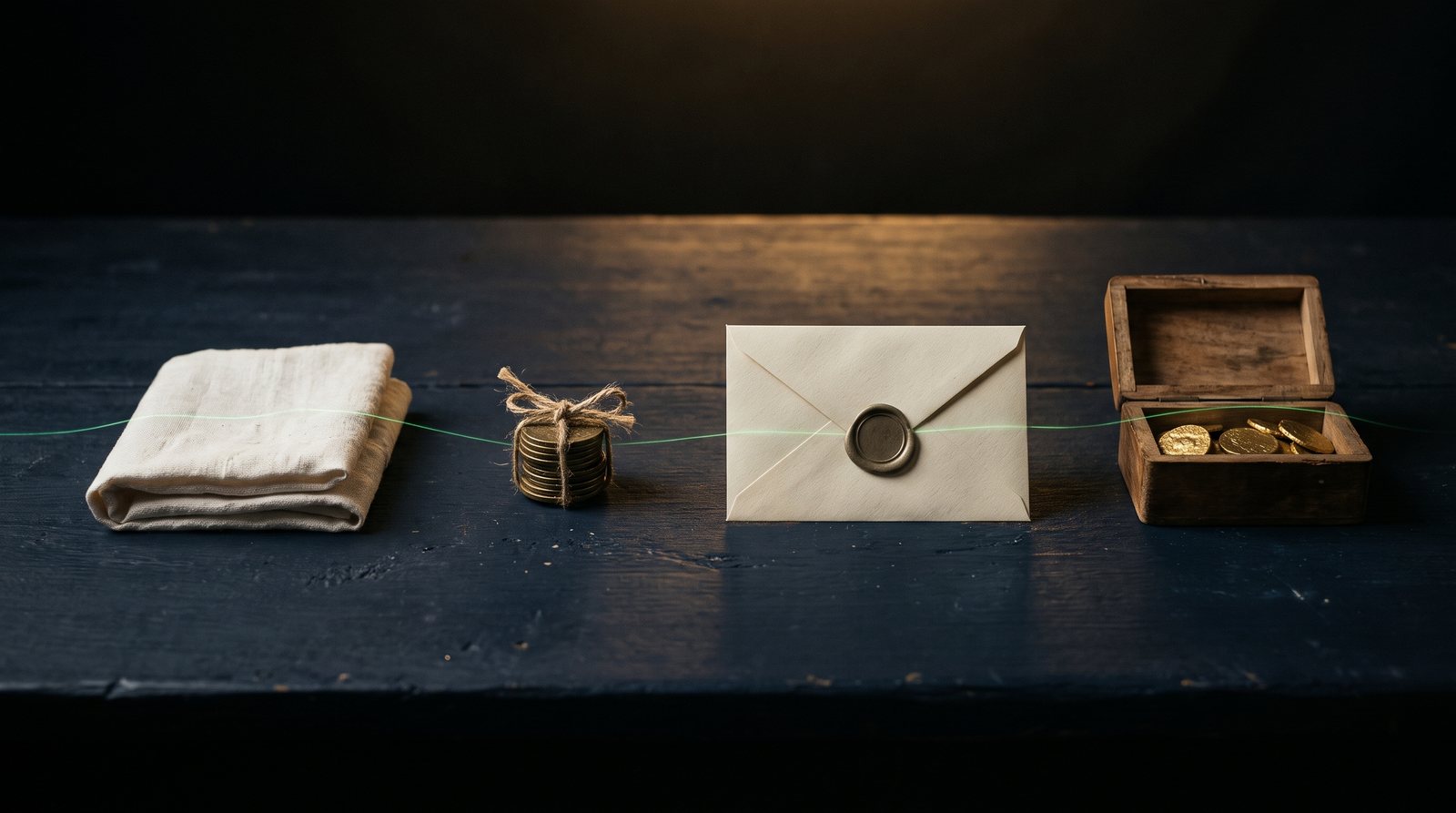 Four objects in a row on a dark navy table, a folded white cloth, a cord-tied stack of brass coins, a wax-sealed envelope and an open box of gold coins, linked in order by one emerald thread of light
