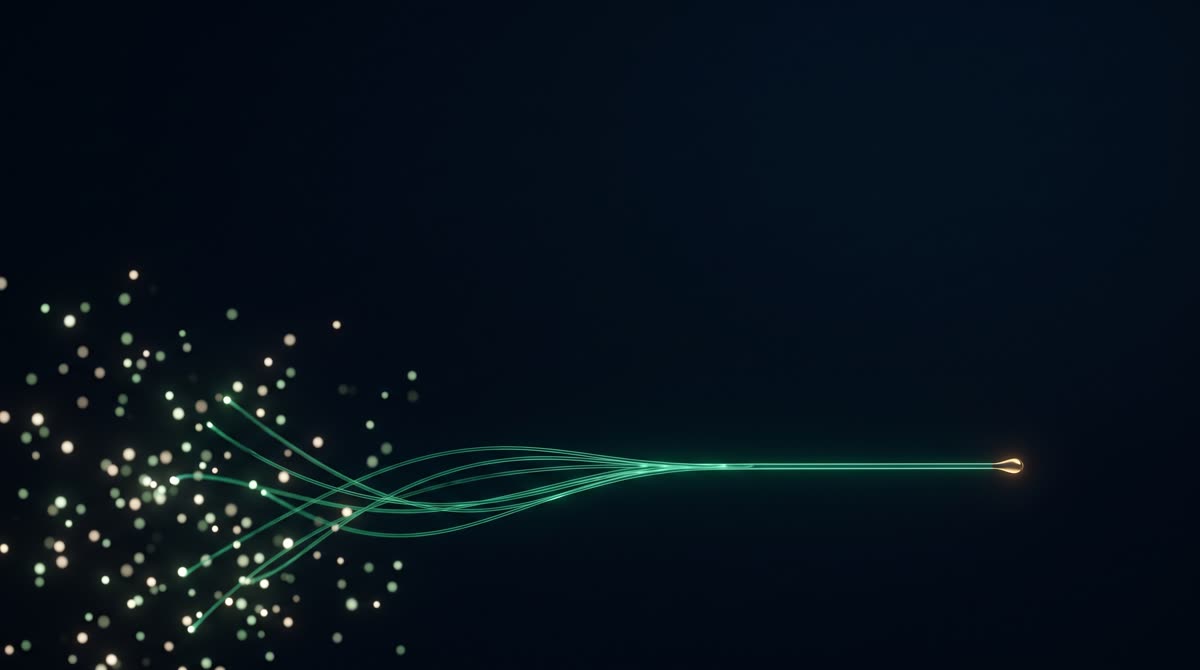 A calm dark-ink scene where fine emerald threads gather scattered points of light into one clear, settled line — a life resolved, with nothing left loose
