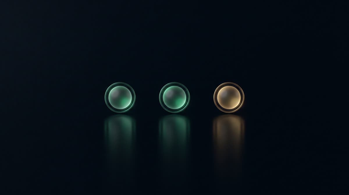 Three softly glowing markers on a dark surface traced in gold and emerald — zero regret, zero waste, and zero unsettled debt