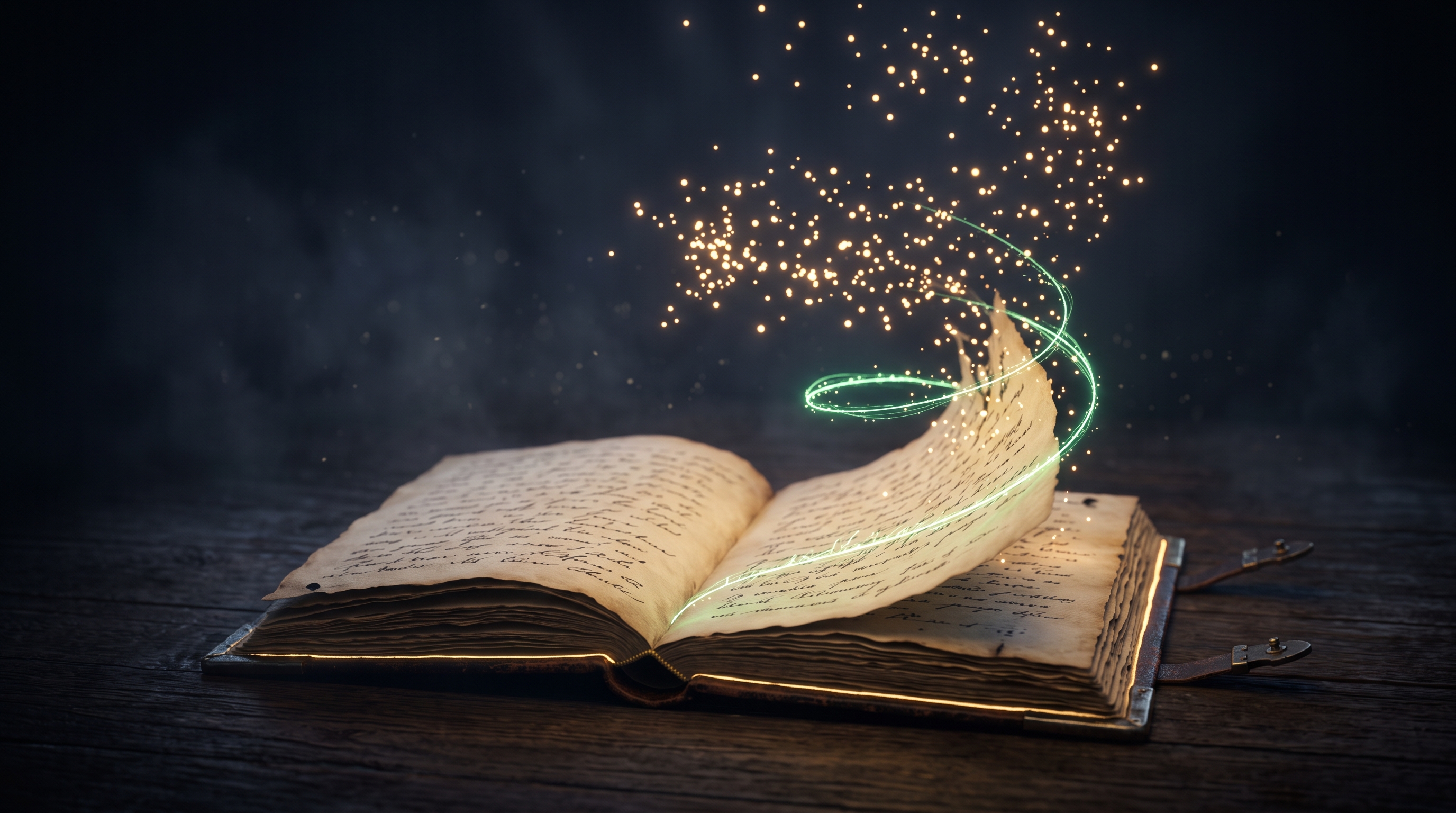 An open paper notebook on a dark ink-navy surface, its pages lifting into a constellation of small warm gold lights, a thin emerald thread of light tracing the handwritten lines and rising with them — a private record becoming a guide for the people left behind