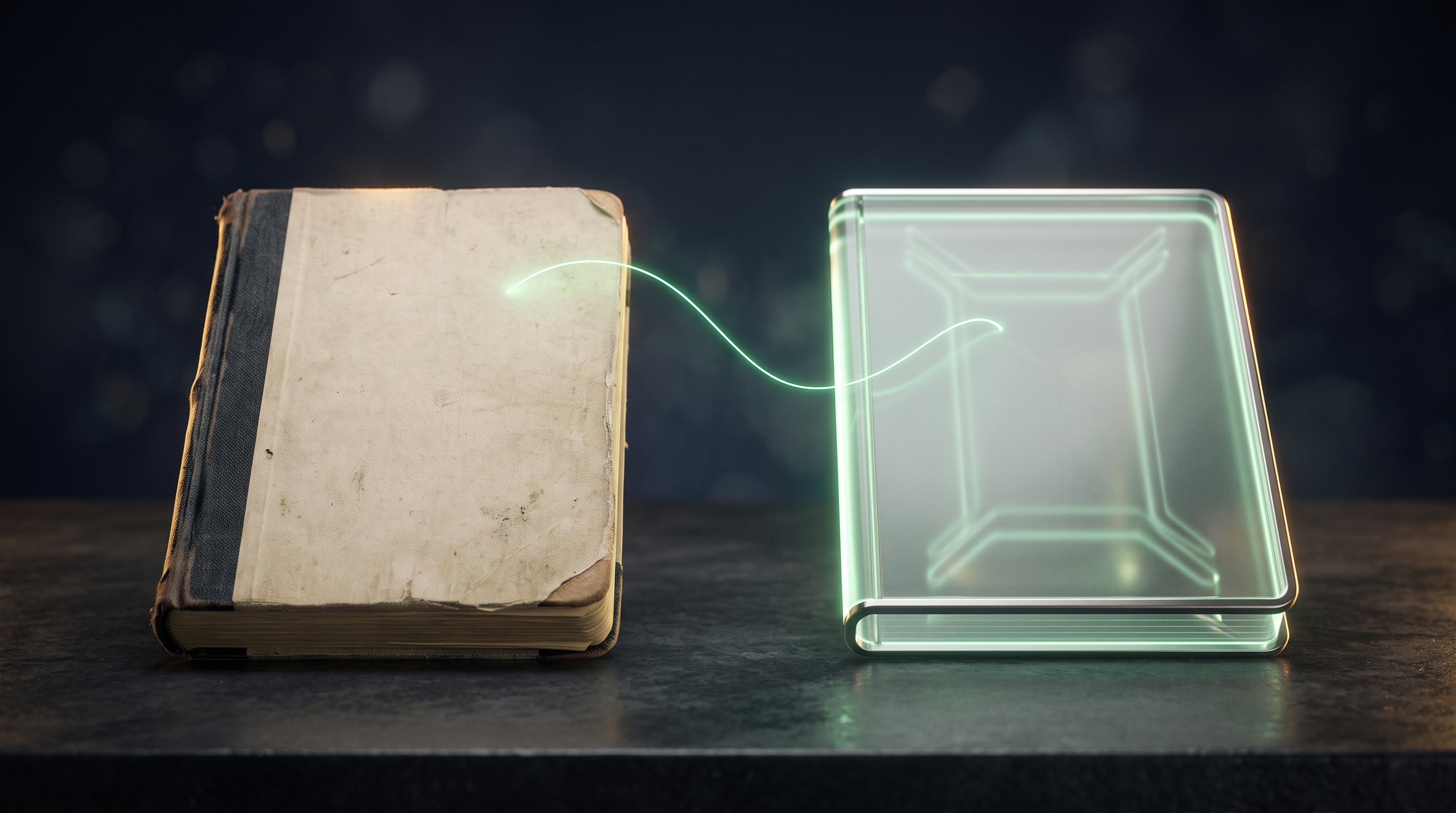 Two versions of the same notebook side by side on dark ink-navy — a worn paper journal and a softly glowing glass tablet — joined by a single thin emerald thread of light, warm gold rim light on both, no text or people