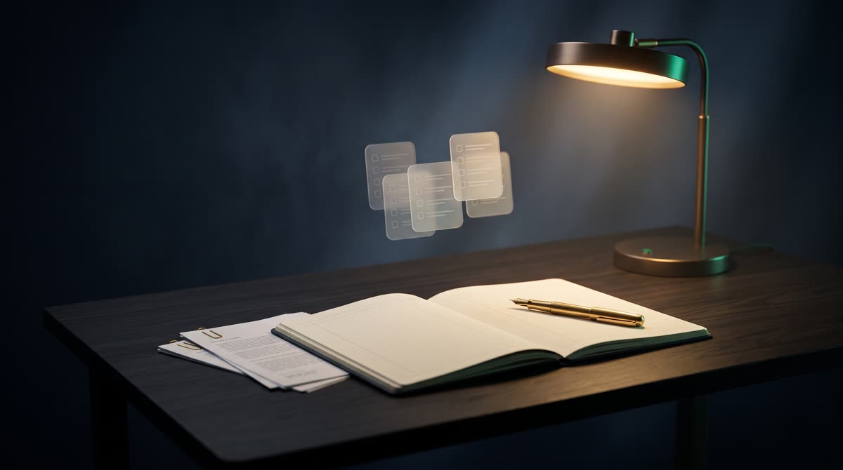 A calm desk with an organized ledger, documents and a warm lamp — an estate planning checklist coming together
