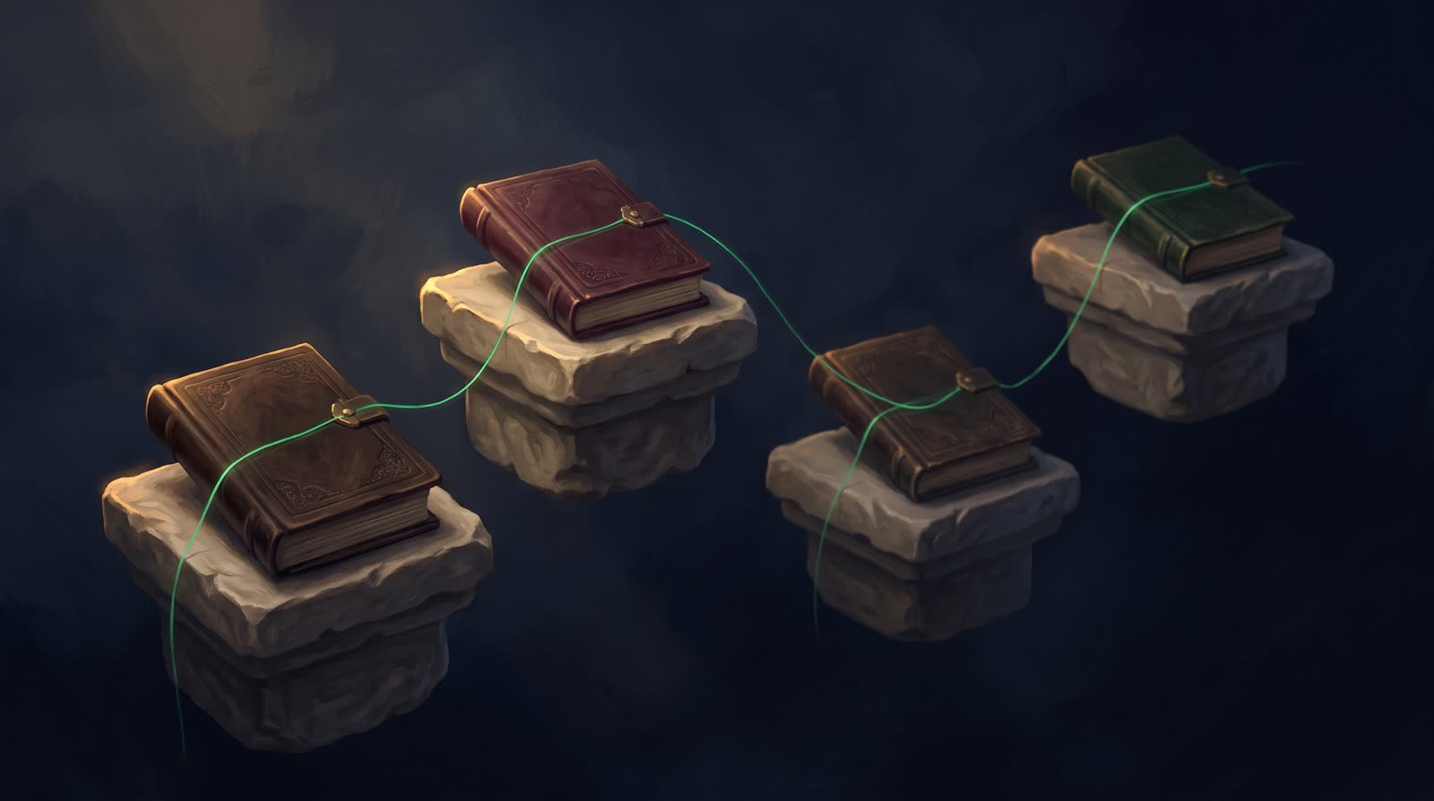 Four small stone plinths floating at different heights in a deep ink-navy void, each holding a closed leather ledger, a single hair-thin emerald thread of light running through all four and linking them into one path, warm gold rim light along the stone edges, no text, no people