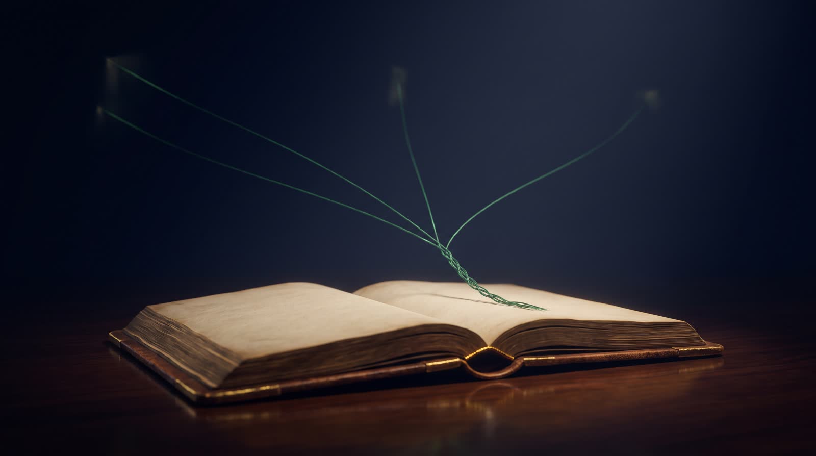 An open leather ledger on a dark polished surface in an ink-navy void, four hair-thin emerald threads of light descending from distant points and braiding into a single thread that settles on the open page, warm gold rim light along the spine, no text, no people