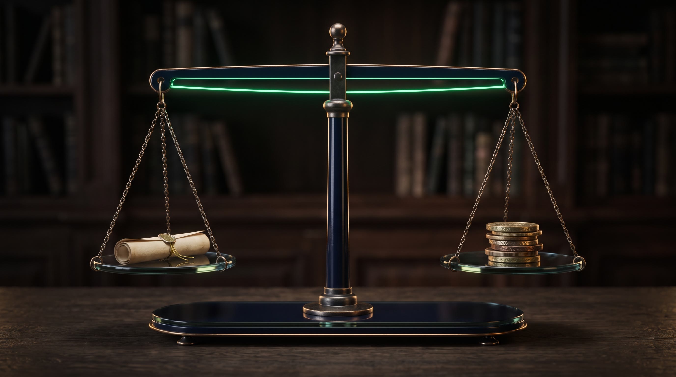 A balanced dark ink-navy balance scale holding a small sealed scroll on one pan and a stack of coins on the other, joined by a thin emerald thread of light running through the beam, warm gold rim light, still and precise, premium minimal 3D CGI, no text, no people