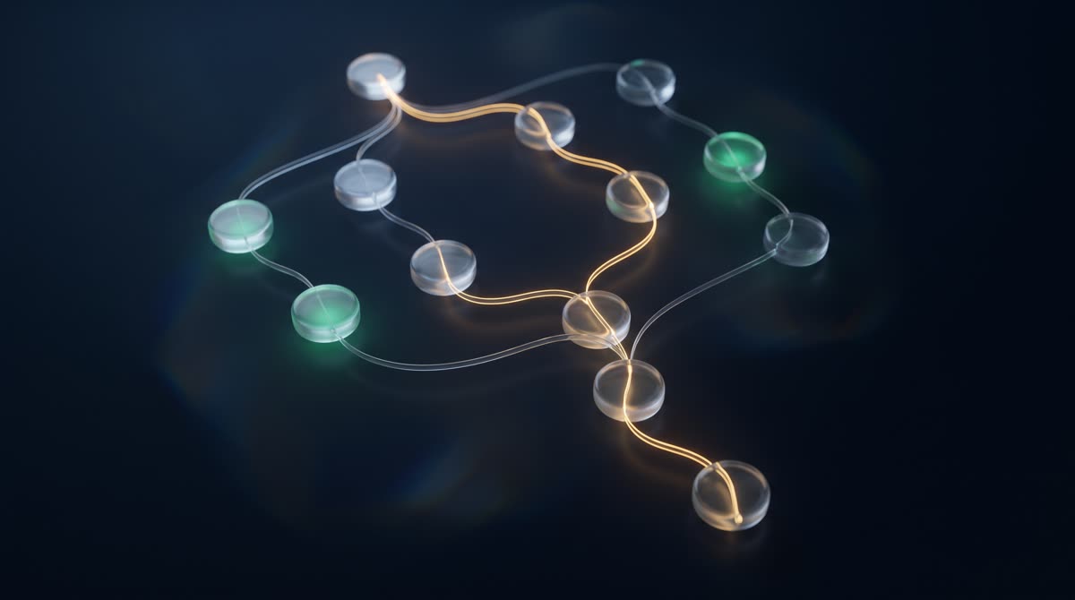 A calm branching family tree diagram with softly glowing nodes, a fine gold line tracing the order of distribution — debts and bequest first, then the fixed shares