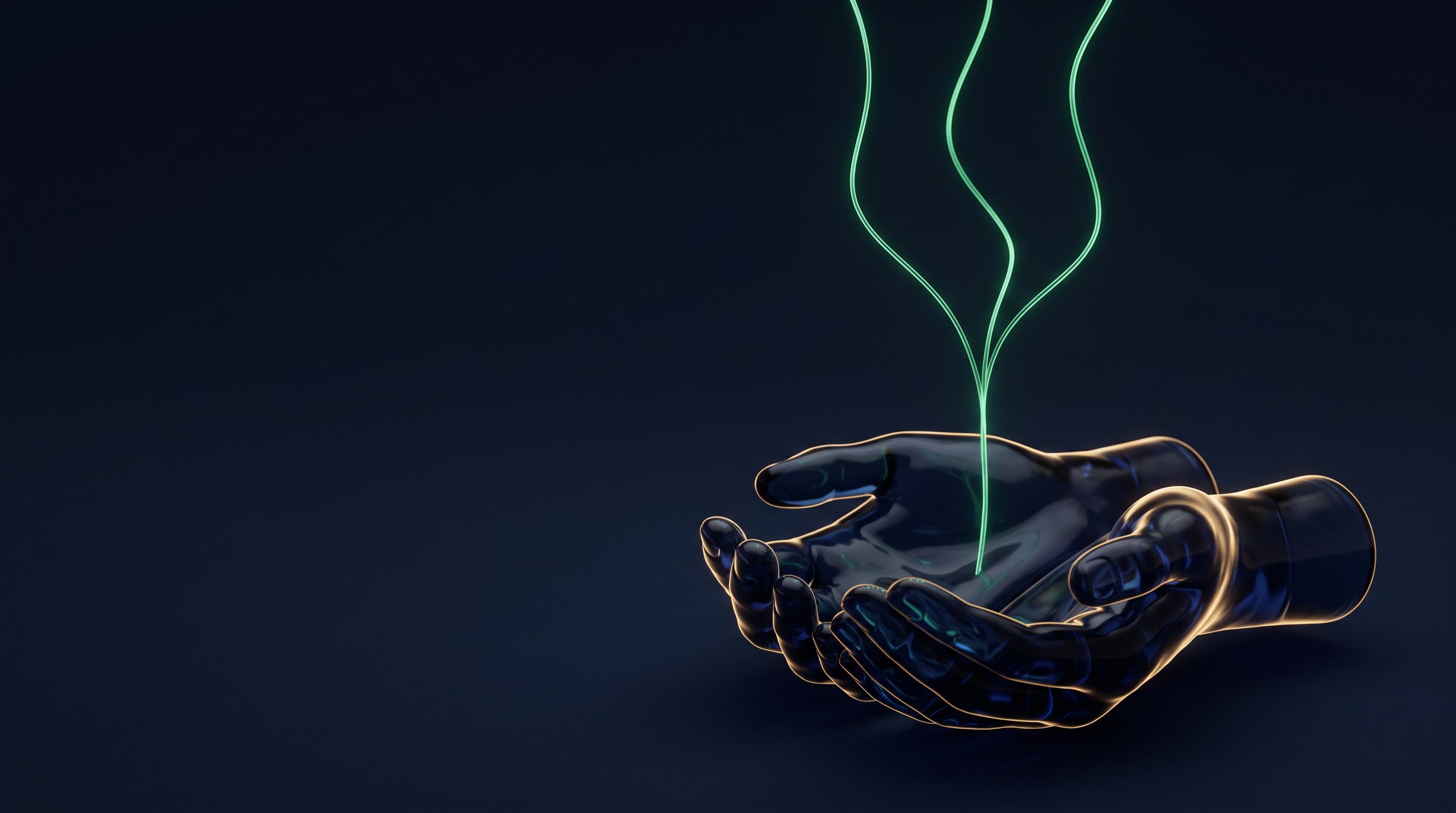 زوج من الأيدي المفتوحة منحوت من زجاج كحلي داكن كالحبر يطلق خيطًا رفيعًا واحدًا من ضوء زمردي يصعد ويتفرع إلى ثلاثة خيوط متوهجة تعلو، مع إضاءة حافة ذهبية دافئة تتتبع أطراف اليدين، وفراغ داكن شاسع في الأعلى لعنوان رئيسي، بدون نص، بدون وجوه
