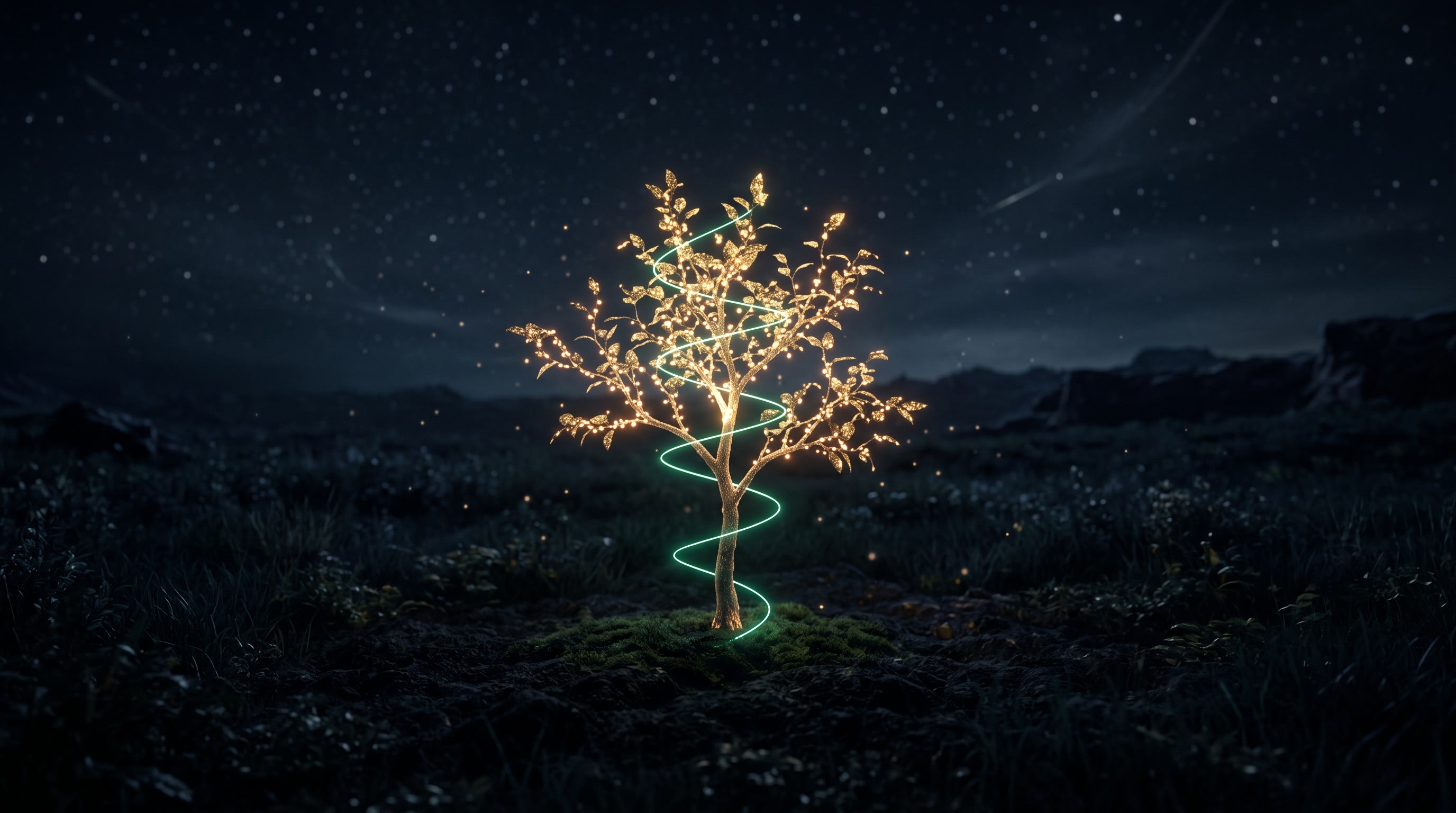 A young luminous sapling growing out of a dark ink-navy field, its branches carrying small warm gold points of light, a thin emerald thread of light winding upward around the trunk like a measuring line of growth, calm and dignified, no text, no people