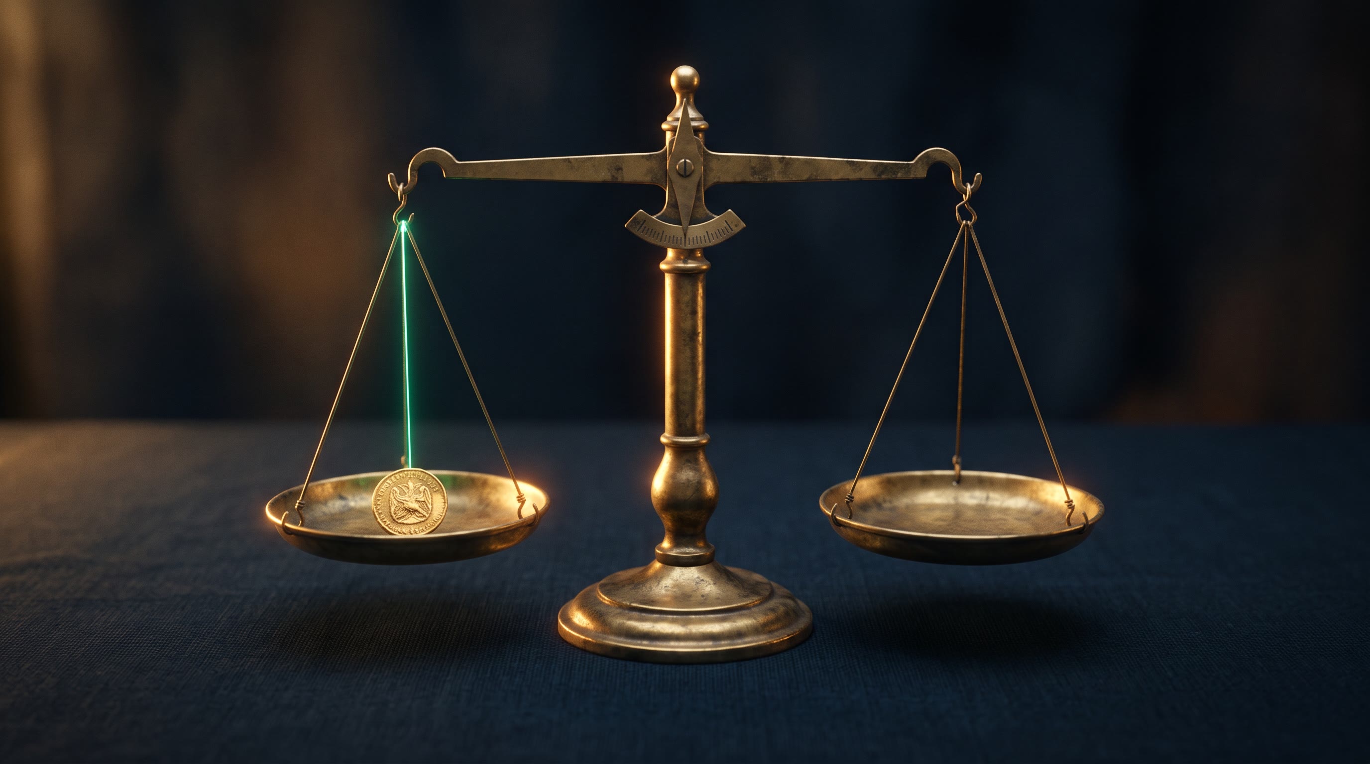 An old brass balance scale on dark ink-navy, one pan holding a small gold coin, the other pan holding a thin glowing emerald thread of light in perfect balance, warm gold rim light from the left, quiet and precise, no text, no people