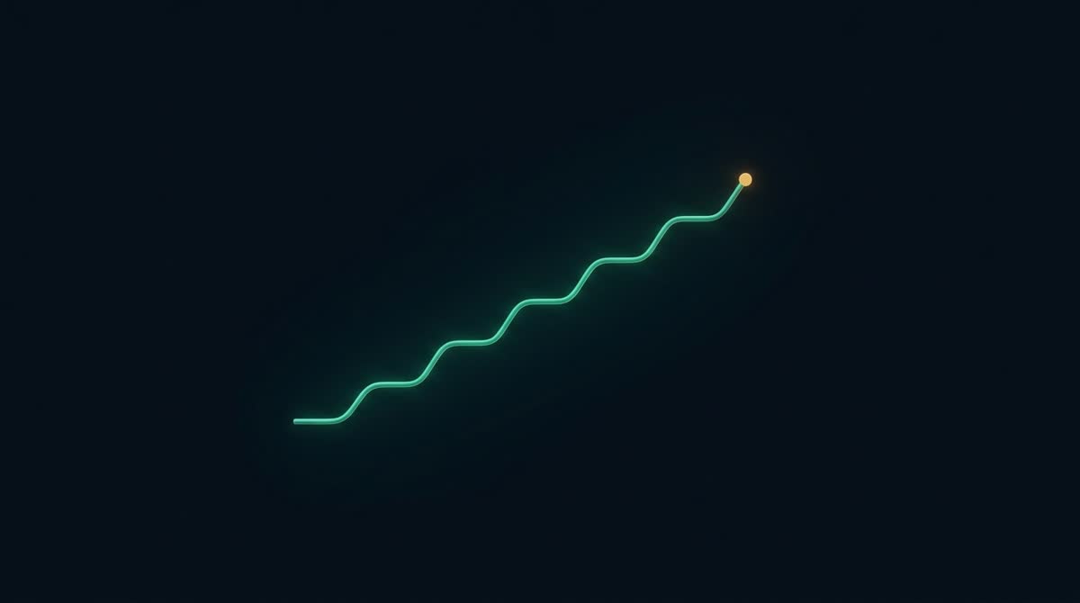 A single rising line of light climbing a dark ink-navy ledger, each step traced in emerald with a single gold point at the peak, premium minimal 3D CGI, quiet and clear, no text, no people