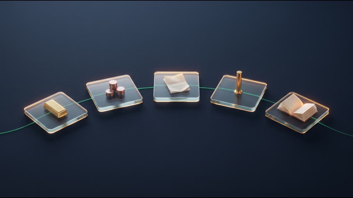 Five translucent glass tiles arranged in a shallow arc on a dark ink-navy surface, each holding a small element — a gold bar, a stack of coins, a folded paper document, a gold measuring column, an open ledger book — with a thin emerald thread of light flowing through all five in sequence, warm gold rim light along each tile, no text, no people, no hands