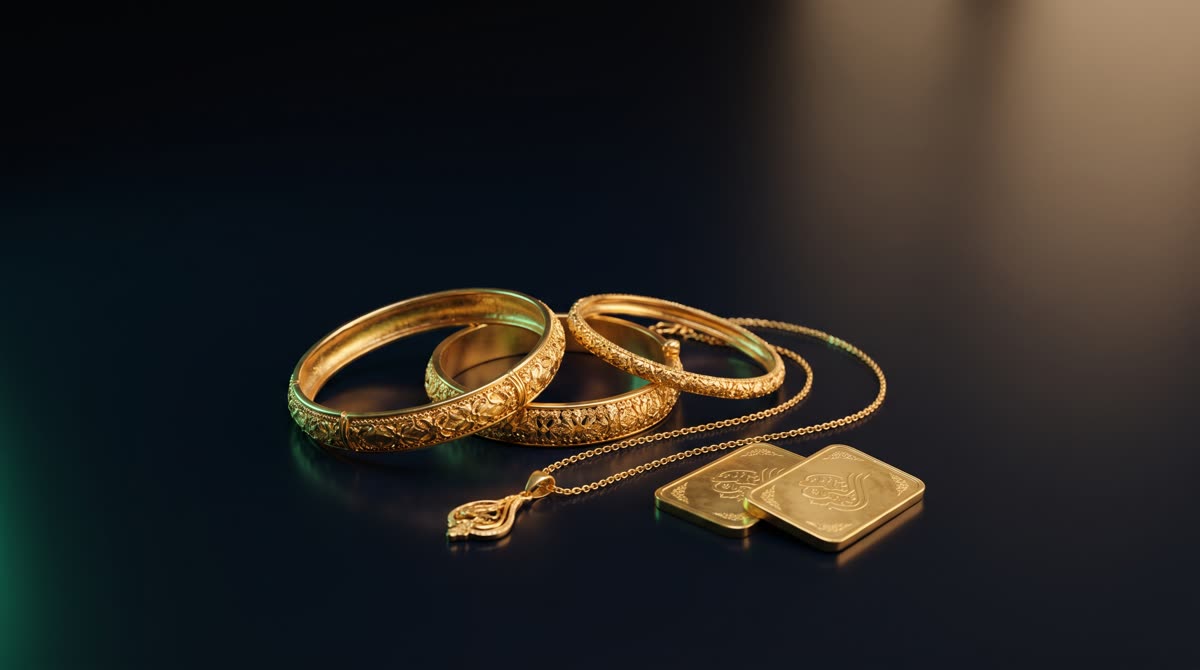 Gold jewellery and coins arranged beside a calculator — calculating Zakat on gold