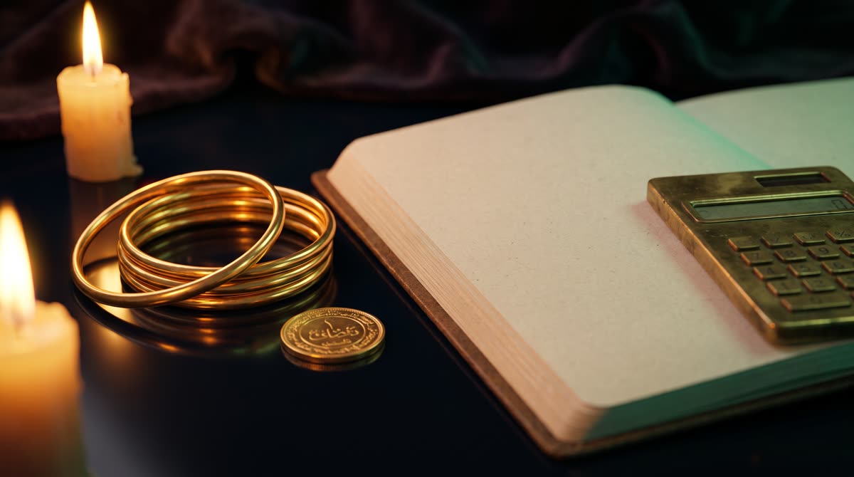 A hand holding gold bangles while working out Zakat on paper
