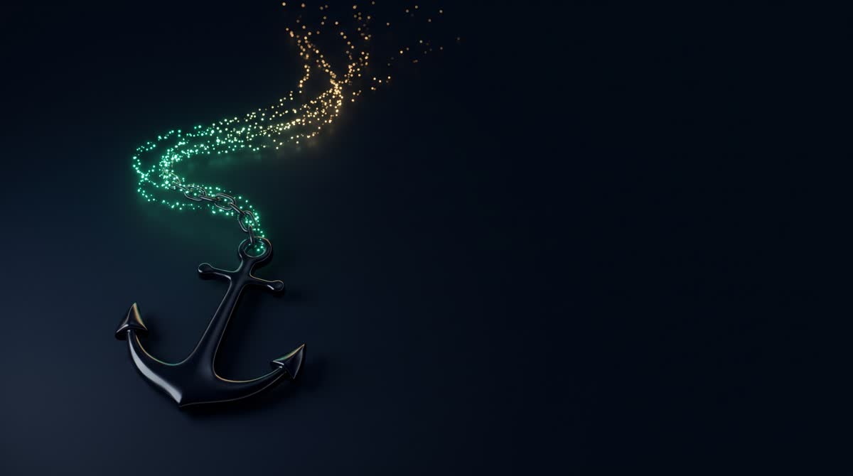 A smooth dark ink-navy anchor resting on a calm dark surface, its chain dissolving upward into a rising stream of small emerald and gold light points that drift free, premium minimal 3D CGI, dignified and quiet, generous dark negative space, no text, no people, no water