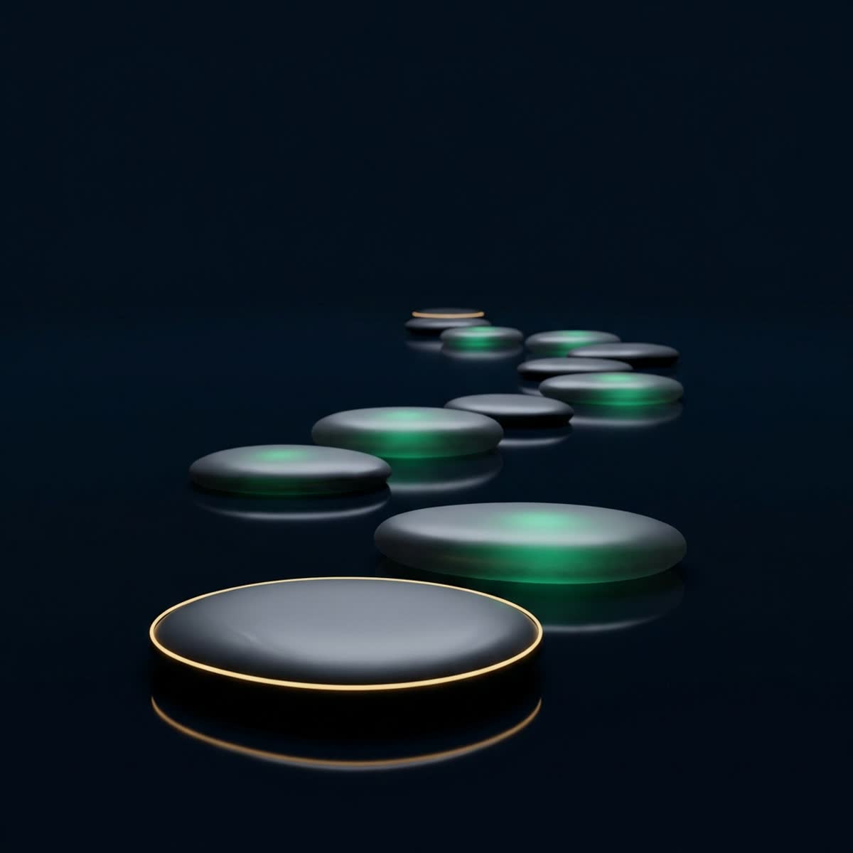 A row of smooth dark stepping stones on ink-navy, the nearest stone traced in gold light, the stones beyond it glowing emerald and rising gently like a clear path, premium minimal 3D CGI, no text, no people