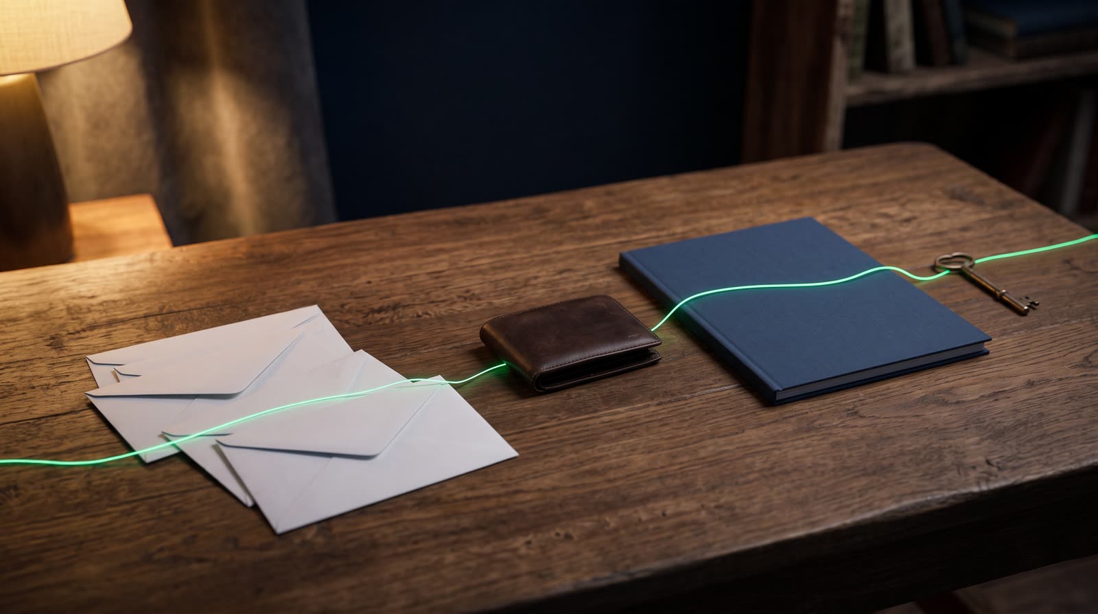 A quiet table at dusk with envelopes, a leather wallet, a plain folder and a small brass key, joined by a thin emerald thread like a financial map being pieced together