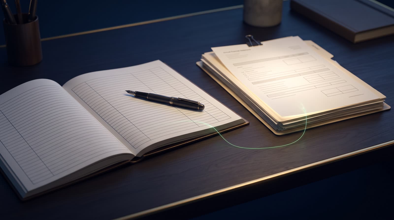 A ledger beside a stack of statements, one sheet pulled out and linked to a ledger row by a thin emerald thread