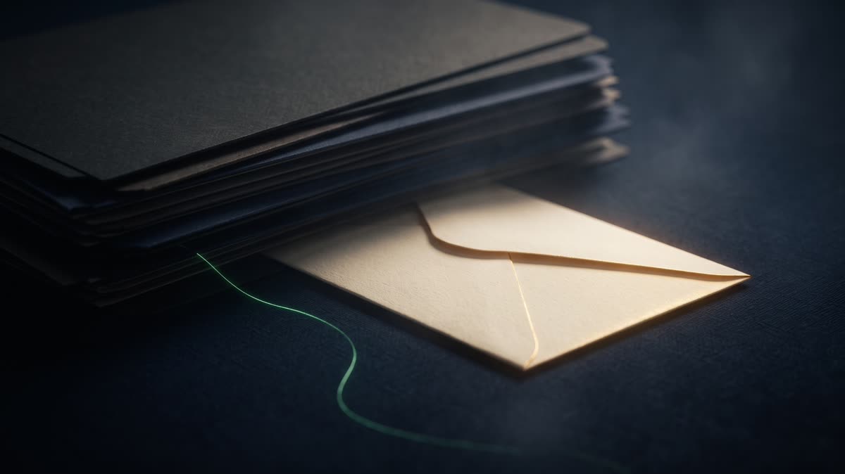A cream envelope half-hidden beneath a stack of dark folders on a deep ink-navy canvas, a thin emerald light thread leading to it and warm gold rim light on its edge, premium minimal 3D CGI, no text, no people