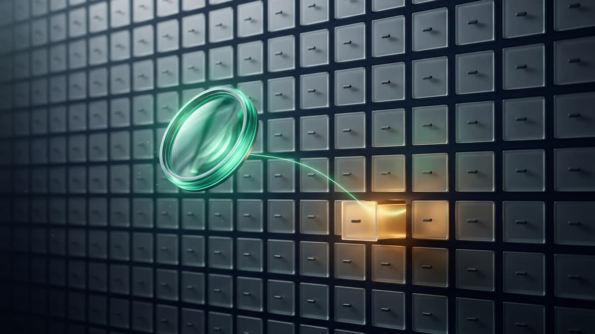 An emerald magnifying lens hovering over a wall of frosted-glass file drawers, one drawer glowing warm gold, connected by a thin emerald light thread, premium minimal 3D CGI, no text
