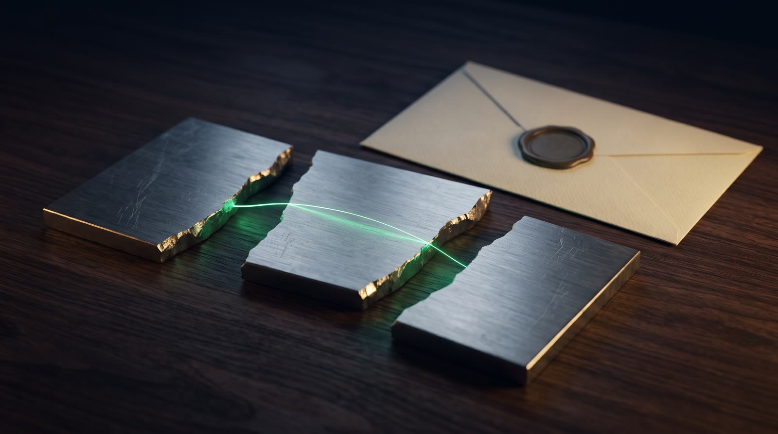 A brushed-steel seed-phrase plate broken into three pieces on a dark walnut desk, joined by one thin emerald thread of light, beside a sealed envelope in warm gold rim light