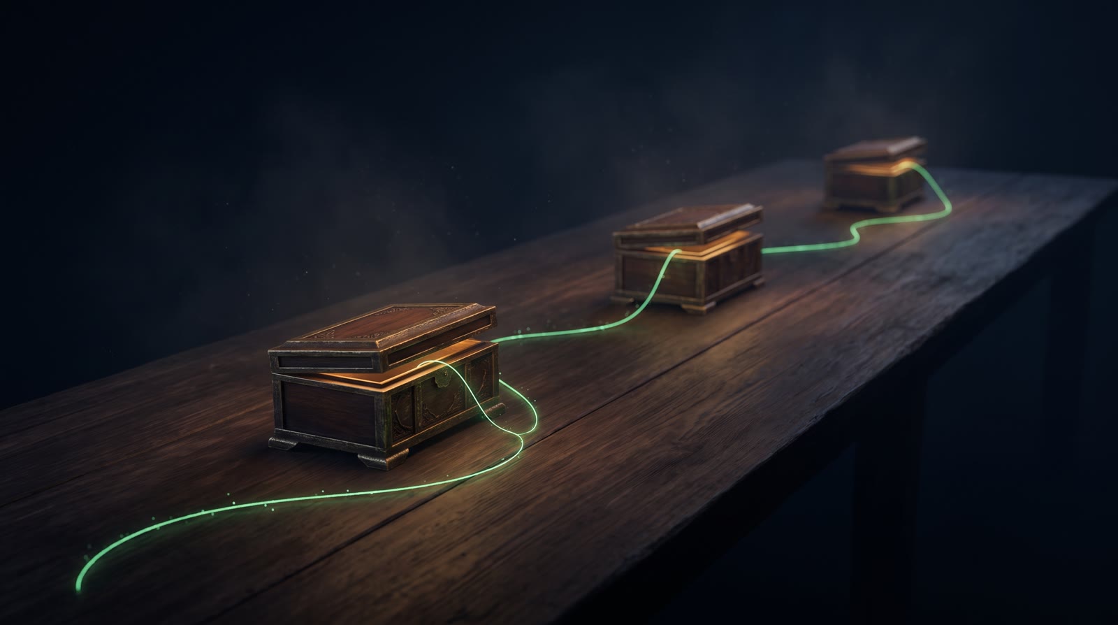 Three small wooden keepsake boxes set far apart on a long dark table, each faintly glowing, linked by a single emerald thread of light