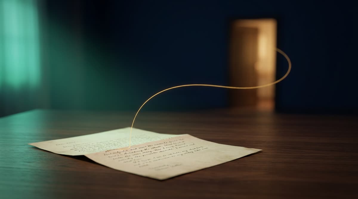 A calm dark ink-blue desk scene with a handwritten letter glowing softly in emerald light, a fine gold thread leading from it toward a warm doorway — instructions left as an act of care