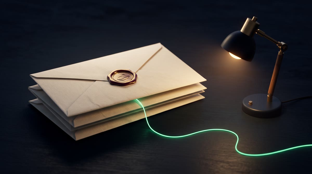 A stack of three sealed cream envelopes with a gold-lit wax seal beside a small desk lamp on dark ink-navy, a thin emerald thread of light tracing a gentle line connecting the envelopes like a route between them — one letter for each person who matters, no text, no people
