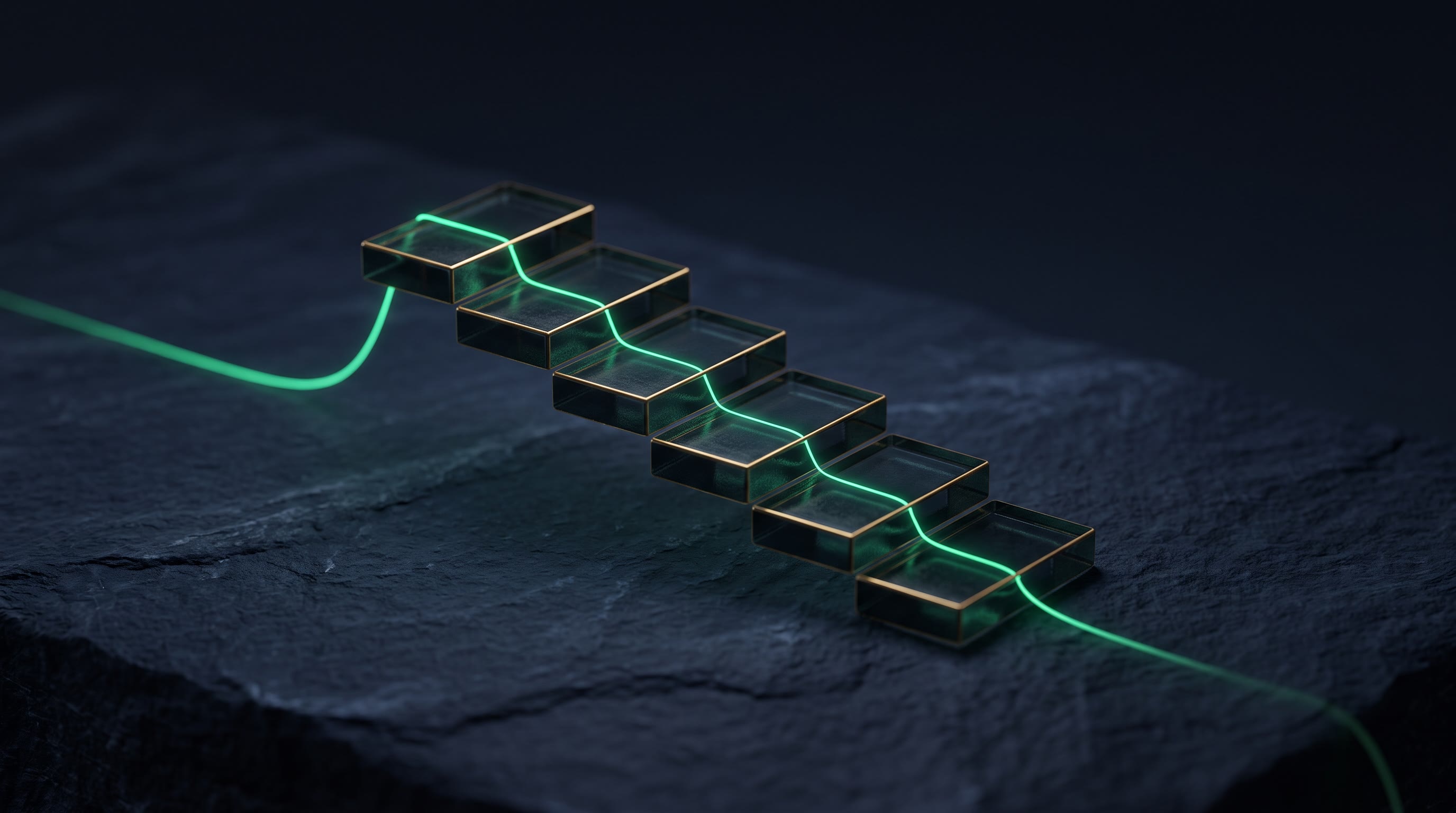 Six small translucent glass tiles arranged in a descending staircase on a dark ink-navy surface, each tile catching a warm gold rim light, a thin emerald thread of light flowing through them in sequence from the first to the last, calm and dignified, no text, no people