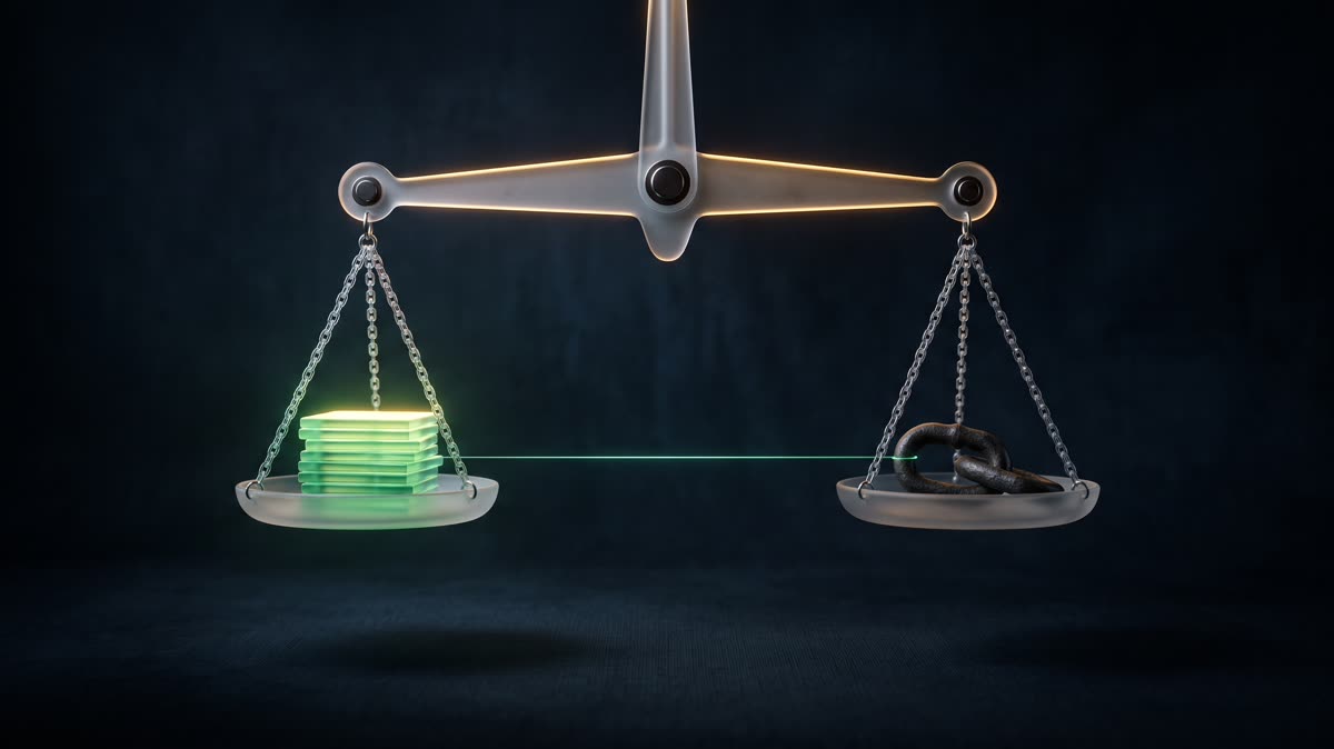 A frosted-glass balance scale on a dark ink-navy canvas, one pan holding a stack of softly glowing emerald tiles, the other a small dark iron anchor link, a thin emerald thread of light running between them and a warm gold rim light on the beam, premium 3D CGI, no text, no people