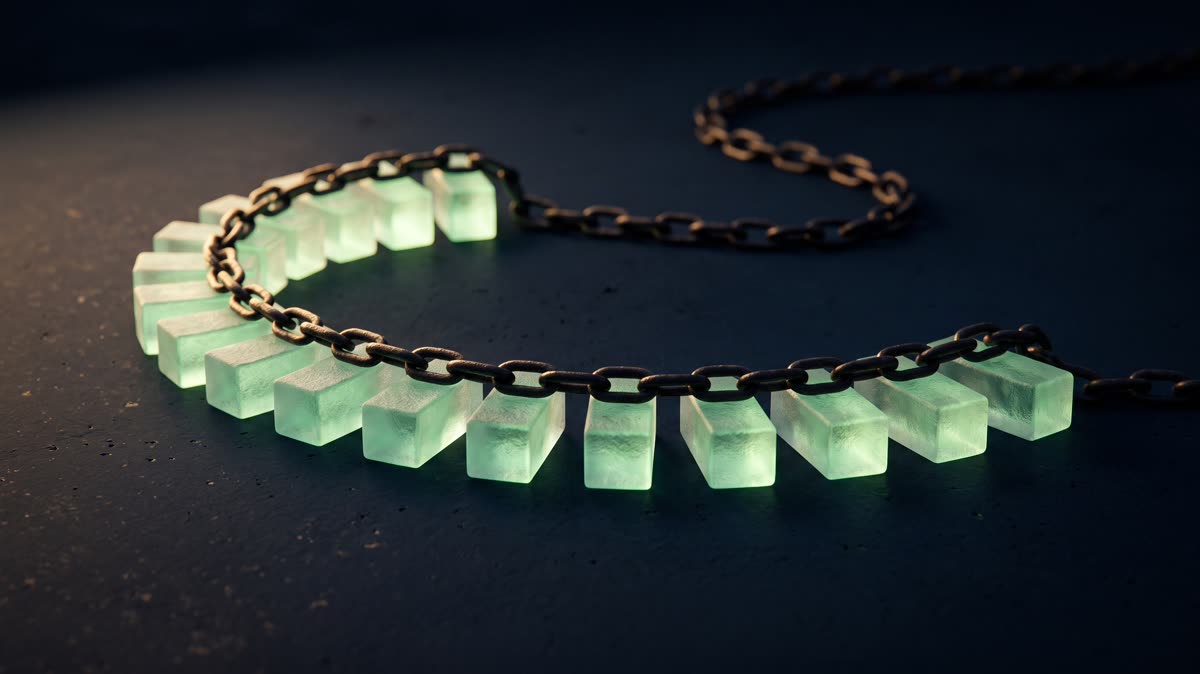 A curved row of small frosted-glass tiles glowing emerald on a dark ink-navy surface, a dark iron chain draped along them and trailing away into shadow, warm rim light, premium minimal 3D CGI, no text, no people