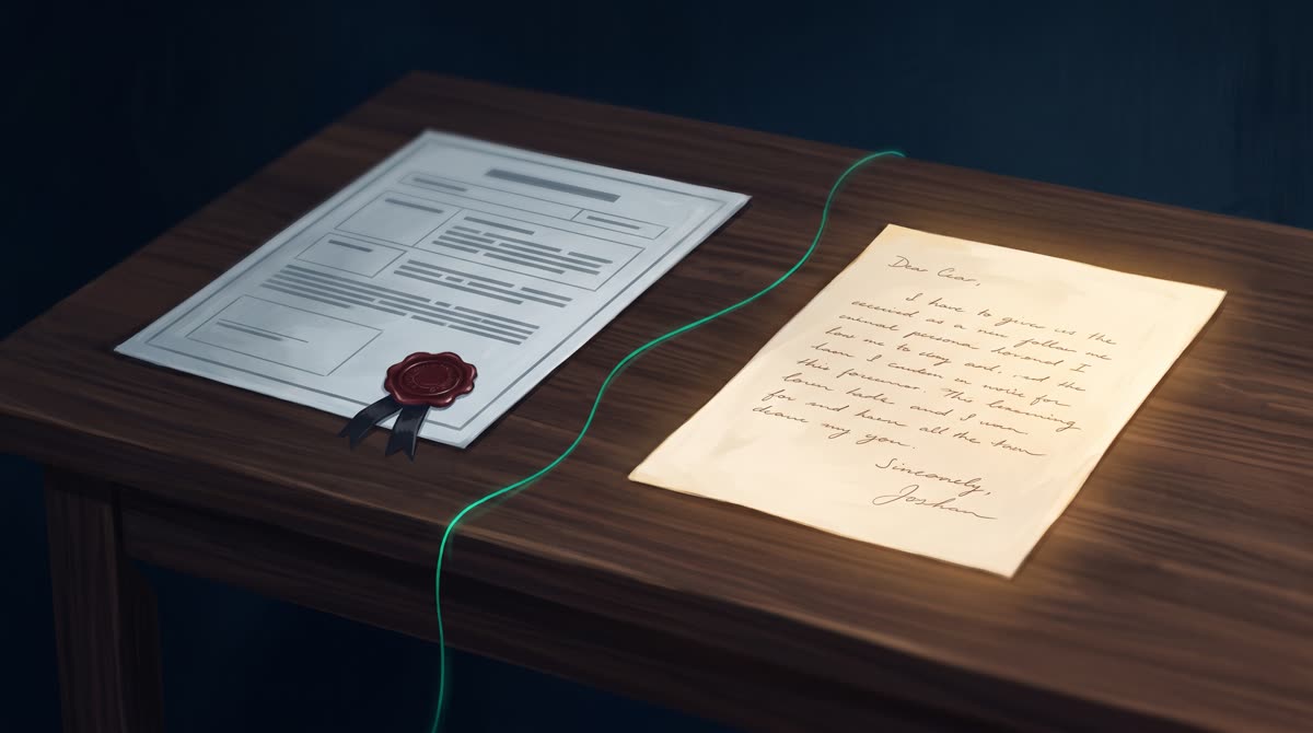 Two documents on a dark desk, one formal and sealed, one a handwritten letter, joined by a thin emerald thread with a soft gold light on the handwritten page
