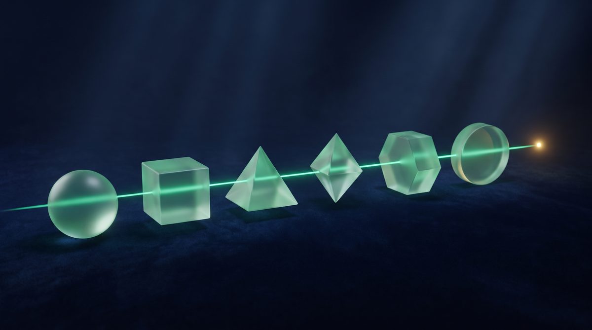 Six frosted-glass tokens on a dark ink canvas, connected by a single emerald line of light resolving into one steady gold point