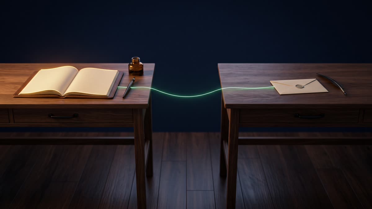 Two quiet desks at dusk joined by a single thin emerald thread: one with an open folder lit warmly, the other with a sealed envelope waiting, a narrow dark gap of floor between them