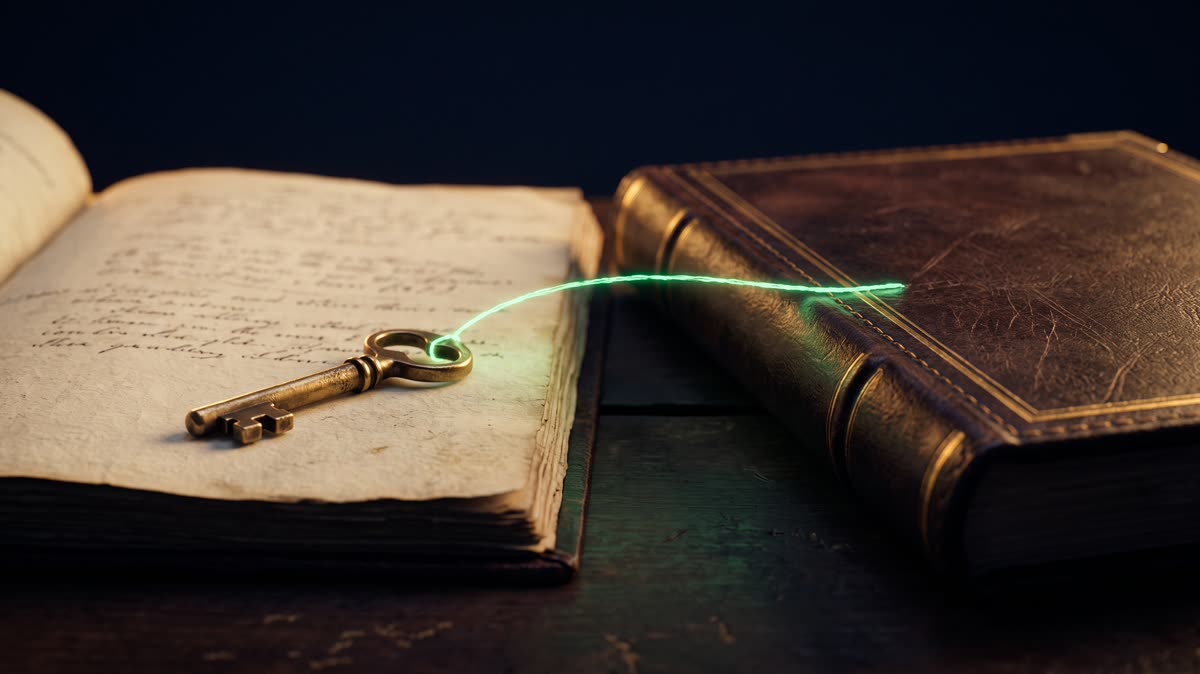 A brass key resting on a ledger beside a closed leather folder, a thin emerald thread passing from one to the other across a small gap