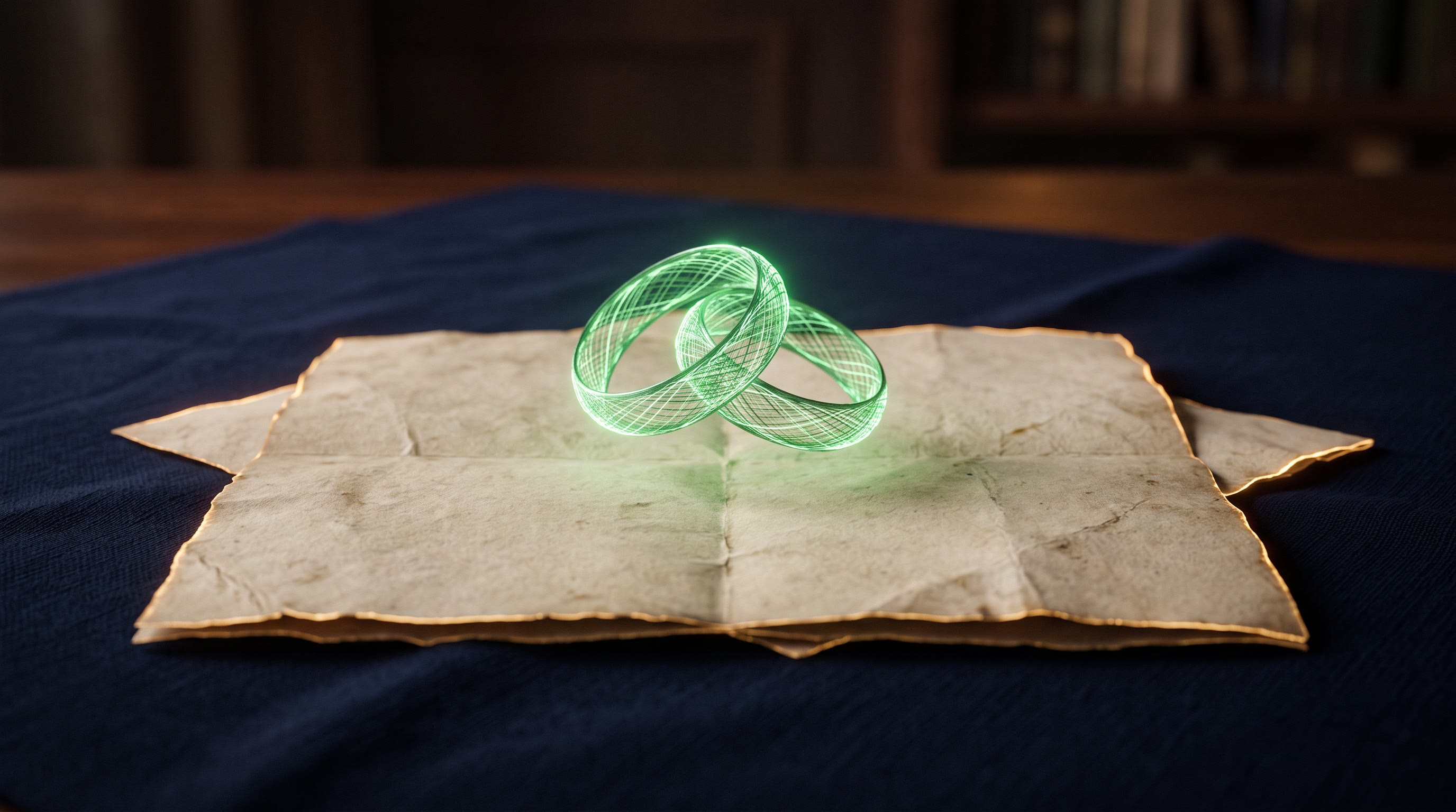 Two hands of light — not literal hands but two interlocking rings of thin emerald thread — resting over a folded document on dark ink-navy, warm gold rim light tracing the paper's edge, quiet and dignified, no text, no people