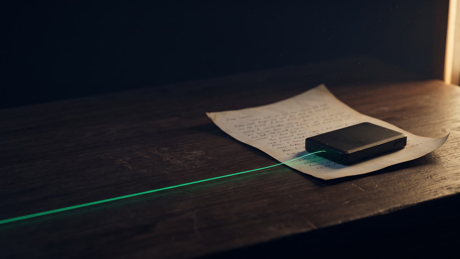 A single hardware wallet resting on a worn wooden desk beside an unfolded handwritten note, one thin emerald thread of light running from the note to the device in a dark room