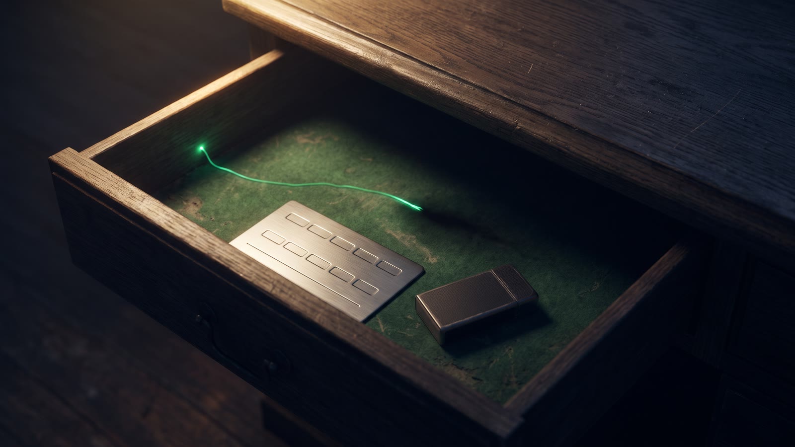 An open drawer in warm gold rim light holding a metal seed-phrase plate and a small locked device, the emerald light thread broken midway across the drawer