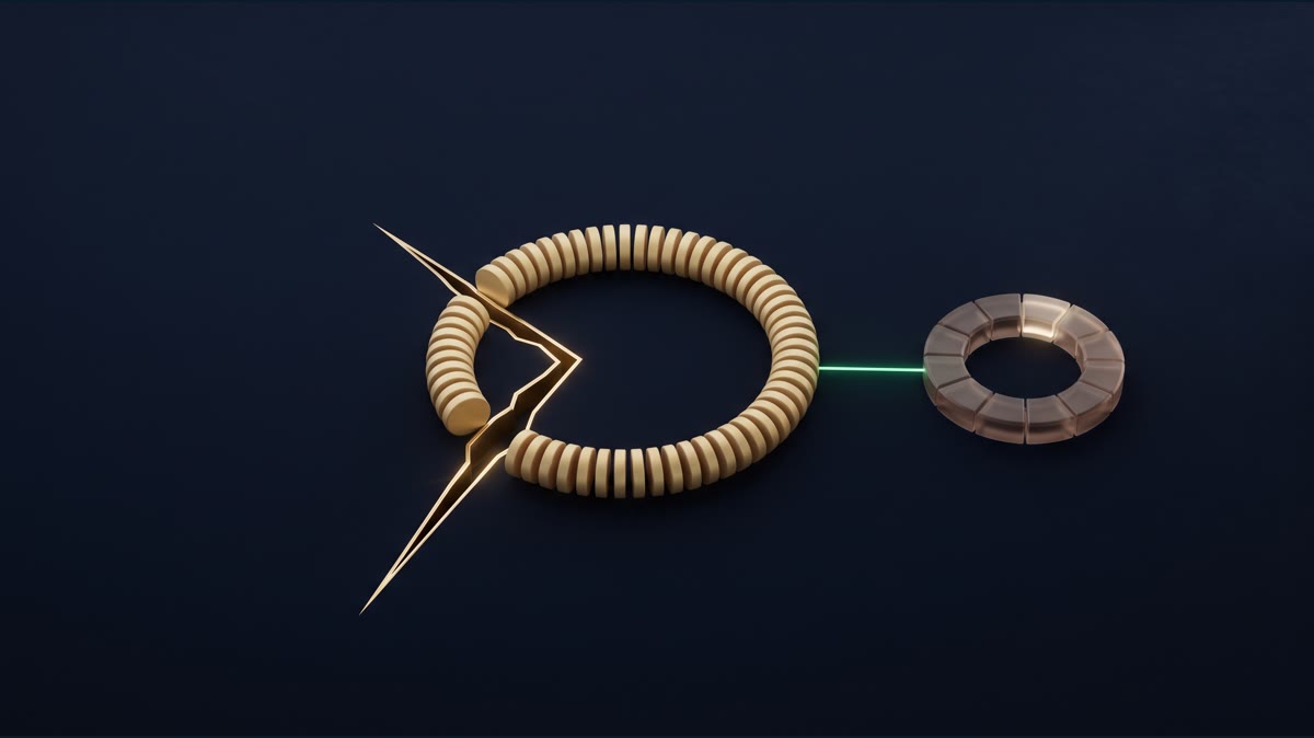 An abstract diagram on a dark ink-navy canvas: a bonded stake ring at the center connected by an emerald light thread to a smaller unbonding timer ring, with a gold-rimmed slashing fracture line cutting partway through the bonded ring, no legible text, no people, no logos