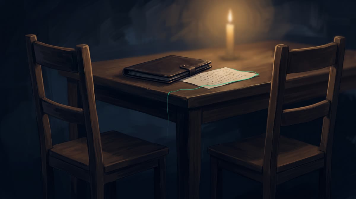 A kitchen table in soft window light with two chairs facing each other, a closed leather folder and a single handwritten page between them, emerald light tracing the edge of the page