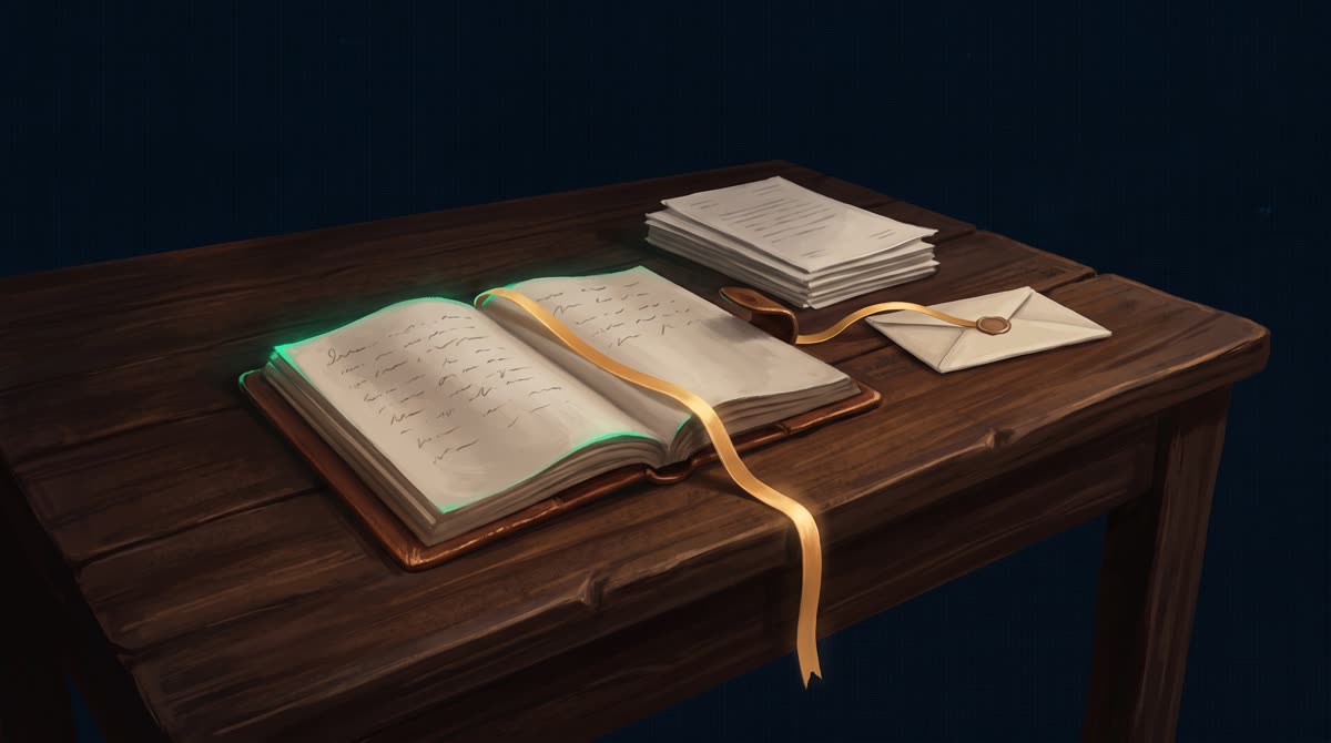 An open journal beside a small stack of documents on a dark wooden desk, a warm gold ribbon of light connecting the handwritten page to a sealed envelope