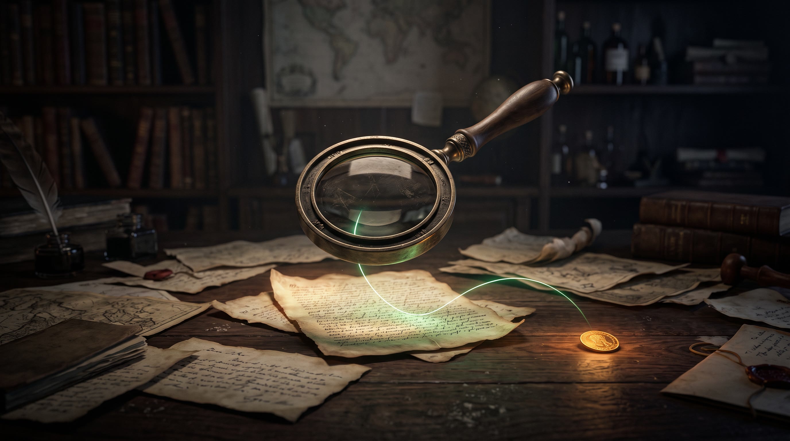A brass magnifying glass hovering above a scattered trail of aged paper documents on a dark ink-navy table, beneath the lens a single document glowing with a thin emerald thread of light that links it to a small warm gold coin, calm and meticulous, no text, no people