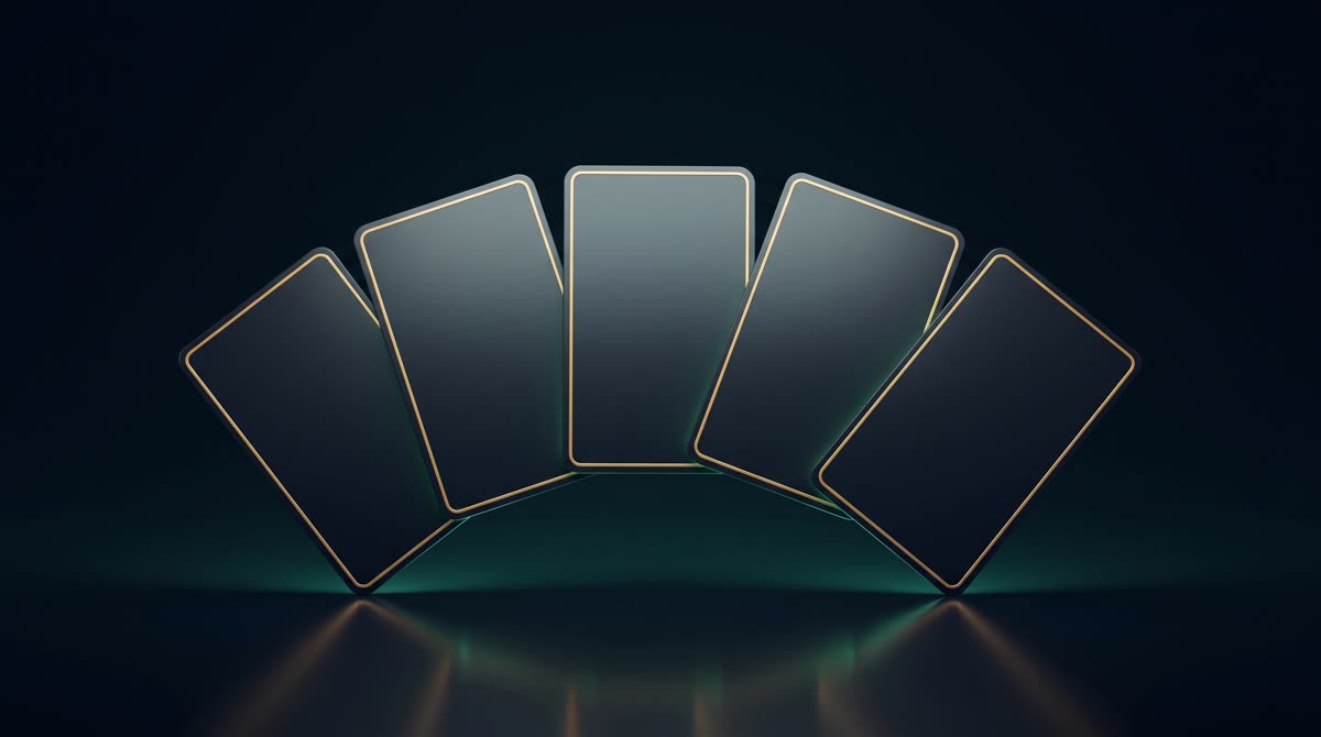 Five softly glowing cards fanned out on a dark surface, each traced with a fine gold line — identity, assets, debts, contacts and wishes
