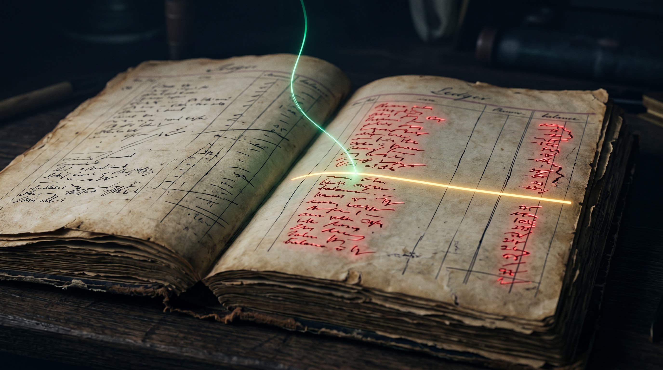 A worn paper ledger with a faint balance column glowing dim red, its lines gently lifted and straightened by a thin emerald thread of light into a single horizontal gold line of zero balance, dark ink-navy scene with soft depth of field