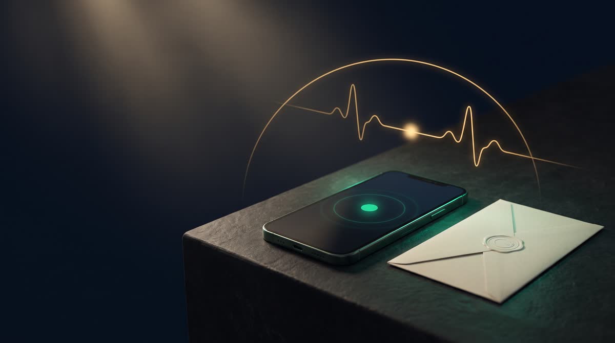 A smartphone showing a soft green check-in pulse beside a sealed letter on a dark surface, a fine gold heartbeat line arcing above — a digital dead man's switch