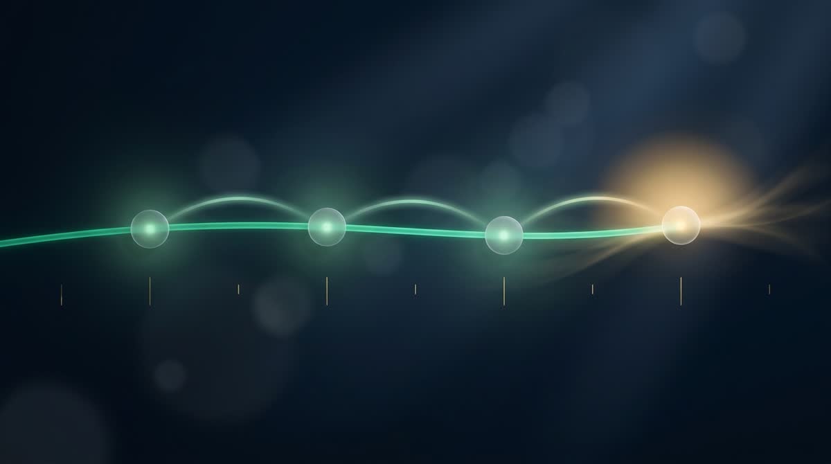 A calm glowing timeline with gentle waypoints ending in warm gold light — the escalation stages of a dead man's switch before release