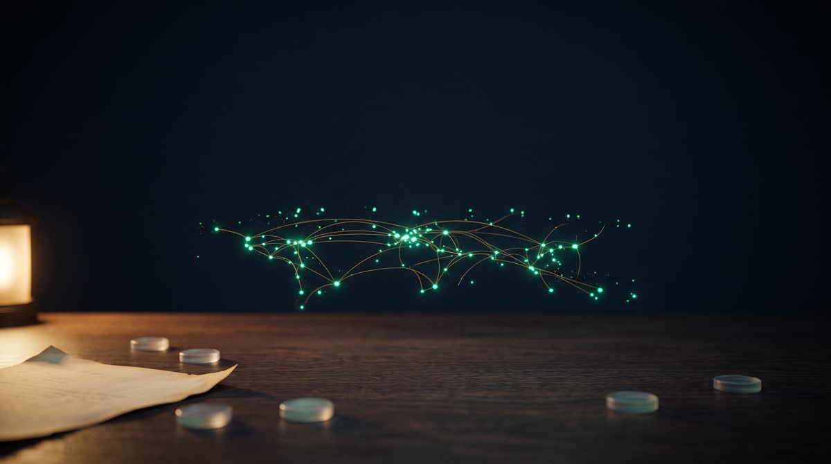 A calm dark ink-blue scene with a softly glowing emerald constellation of connected points above a low desk, thin gold threads linking documents and a warm lantern light — a family vault as a living map, not a box