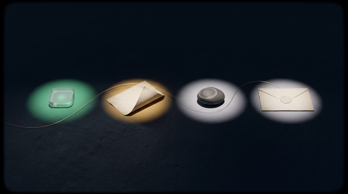 Four quiet pools of light on a dark surface — emerald, gold and soft white — each holding a simple token for accounts, documents, people and letters, connected by a fine gold thread