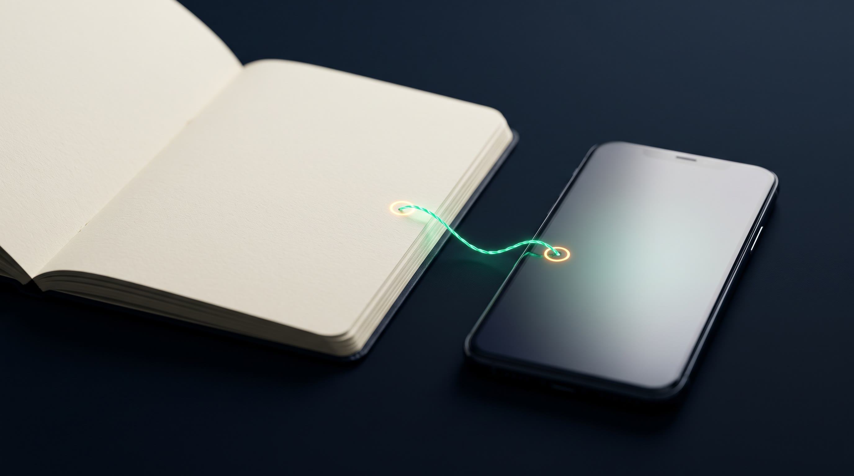 An open paper notebook beside a glowing smartphone on a dark ink-navy table, a thin emerald thread of light stitching back and forth between the notebook's blank page and the phone screen joining the two into one record, a small warm gold ring resting at the seam, calm and meticulous, premium 3D CGI, no text, no people